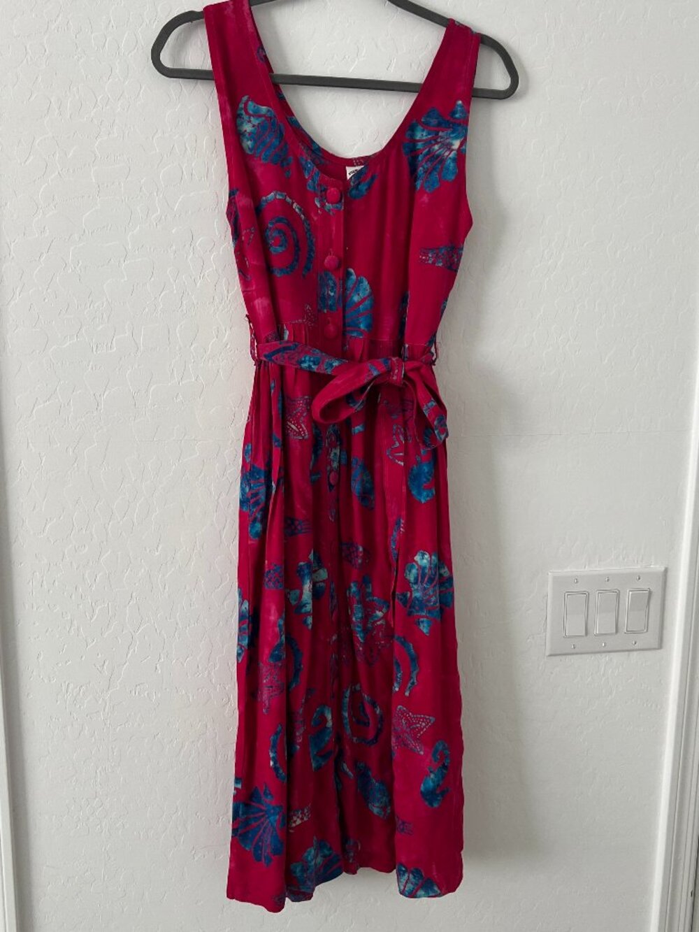 Vintage Handmade 90s Rayon Tropical Resort Dress Pink Blue Seahorse Shell Print